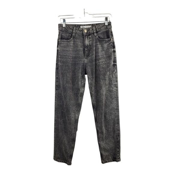 Zara Woman's Size 4 Black Wash Denim Retro Jeans Logos 5 Pockets Worn Patch - Picture 2 of 12